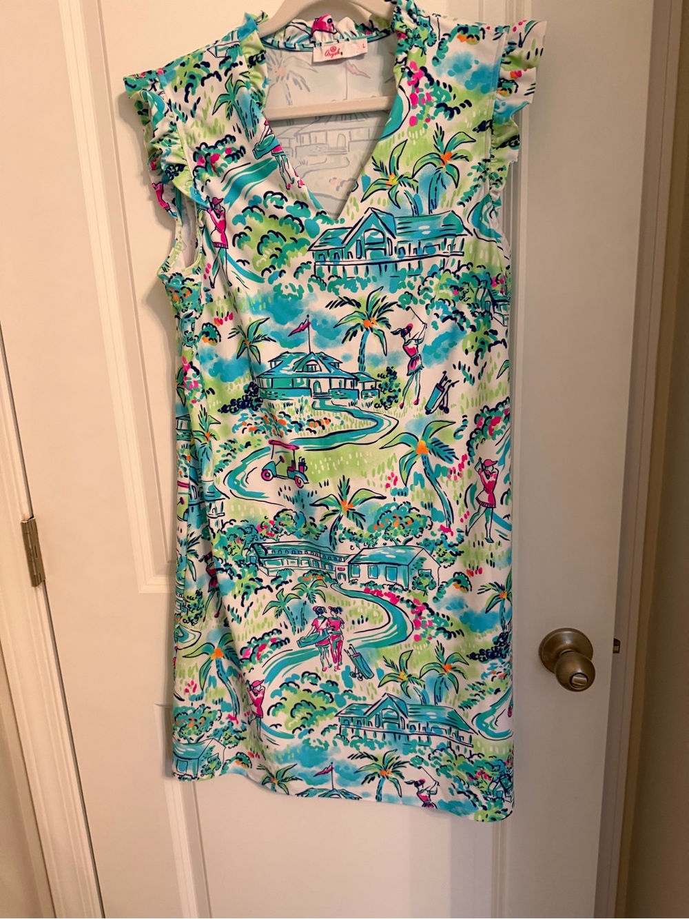 Aryeh Aqua, Pink & Green Tropical V-Neck Dress